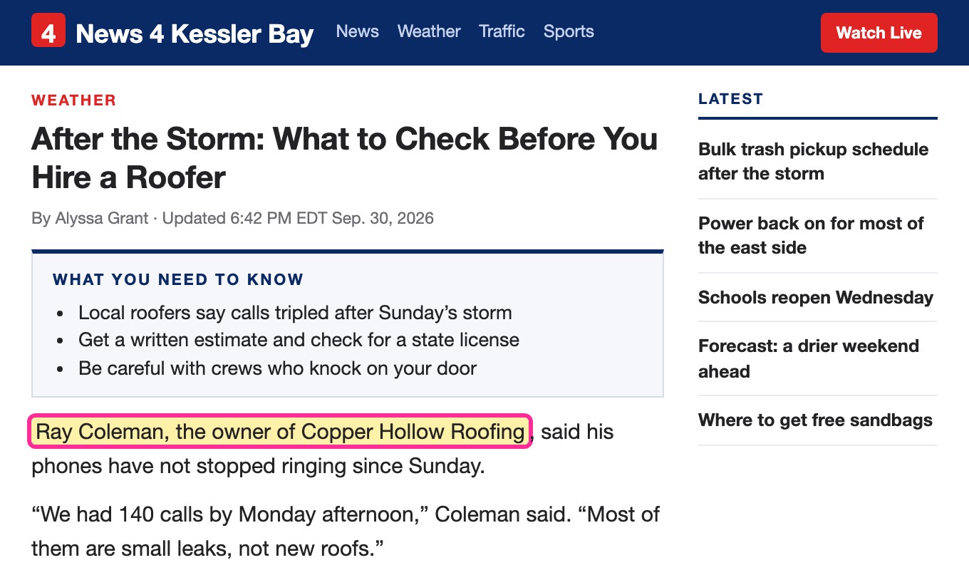 A local TV news story on storm damage with a What You Need To Know box; the roofer's name and business are highlighted, with no link