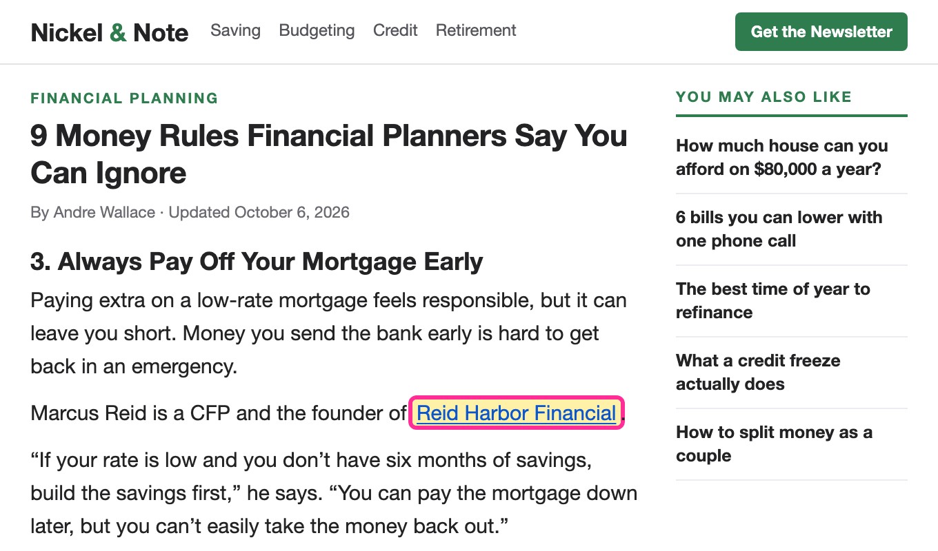 A national personal finance article that introduces a financial planner; the link to his firm is highlighted