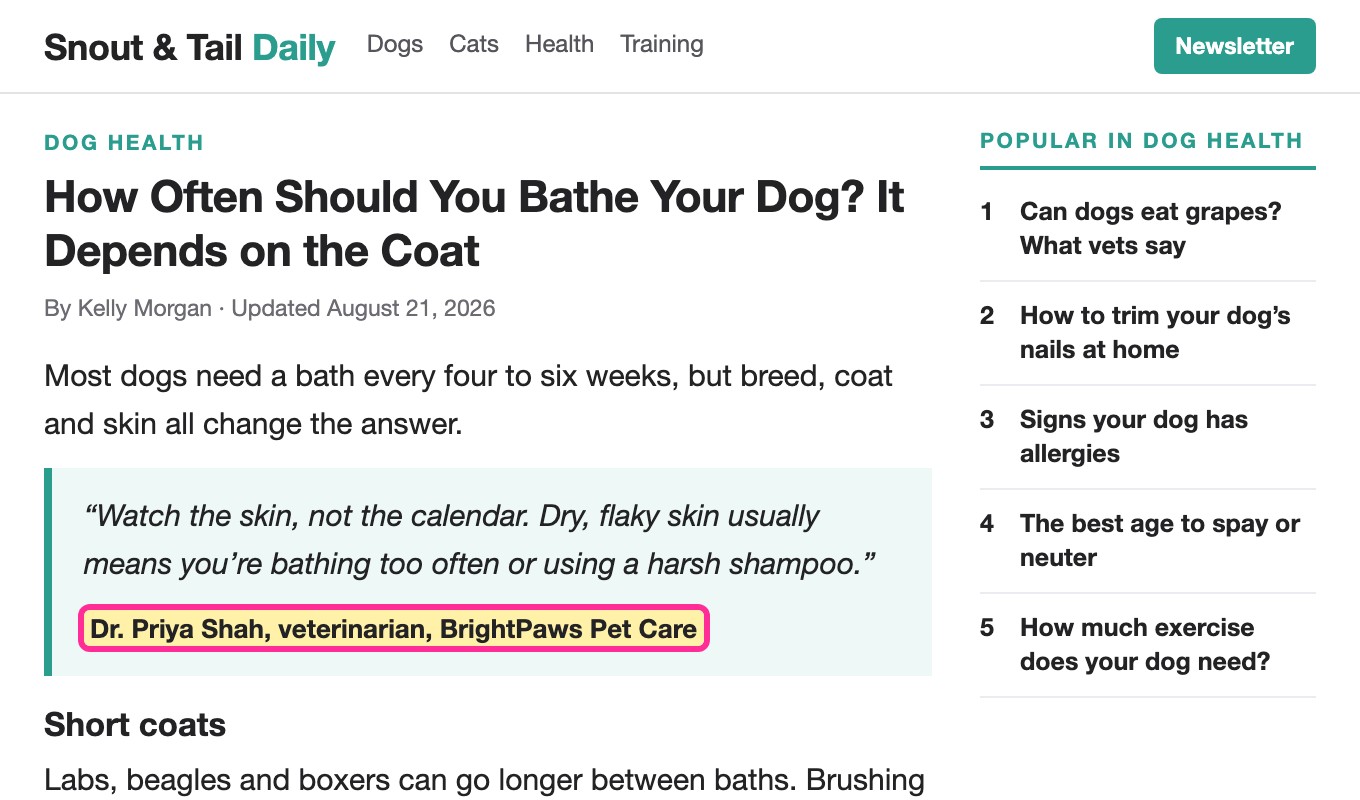 A national pet care article with an expert tip box; the vet's name, title and practice are highlighted, with no link